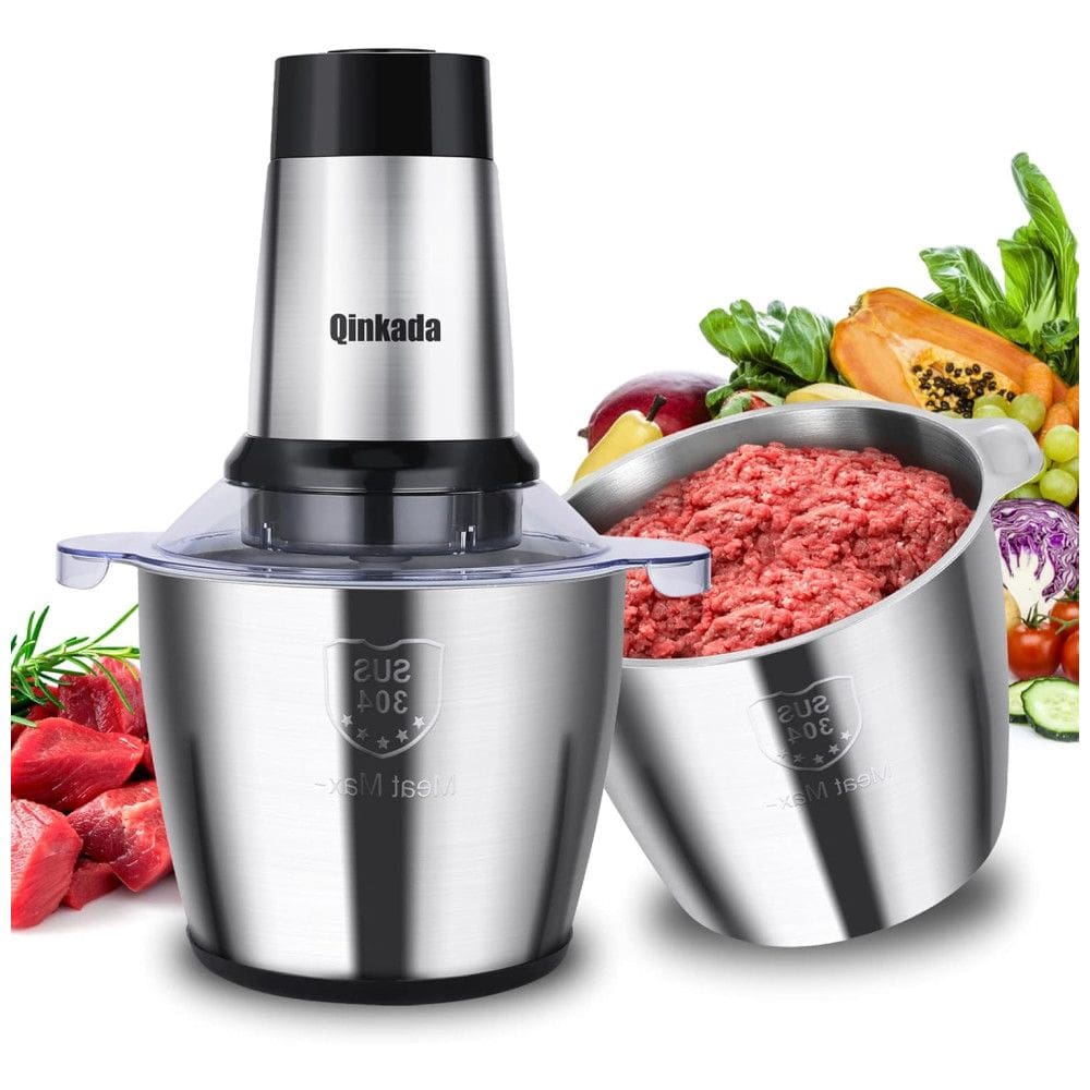 Processador de Alimentos Multifuncional 3,5 Litroscom 3 Velocidades e 2 Tigelas de Aço Inoxidável, 110V 500W, Qinkada, Prata