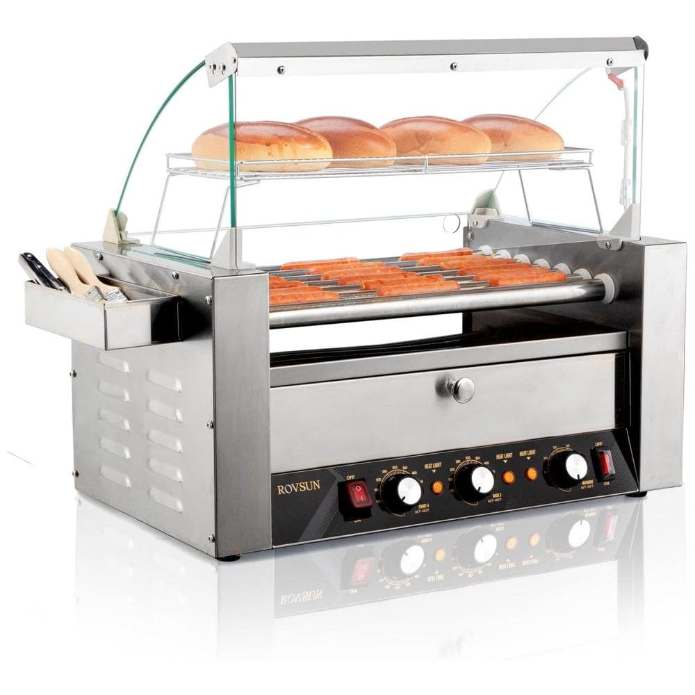 Máquina para Cachorro Quente 7 Rolos até 18 Salsichas com Luz LED, Controle de Temperatura Duplo e Aquecedor de Pão, 110V 1200W, ROVSUN,