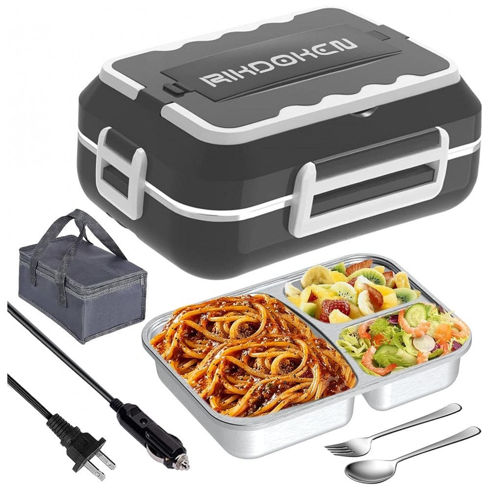 Marmita Elétrica Portátil 1,5L com Recipiente de Aço Inoxidável e à Prova de Vazamentos, 12V 110V 60W, RIKDOKEN, Cinza Escuro