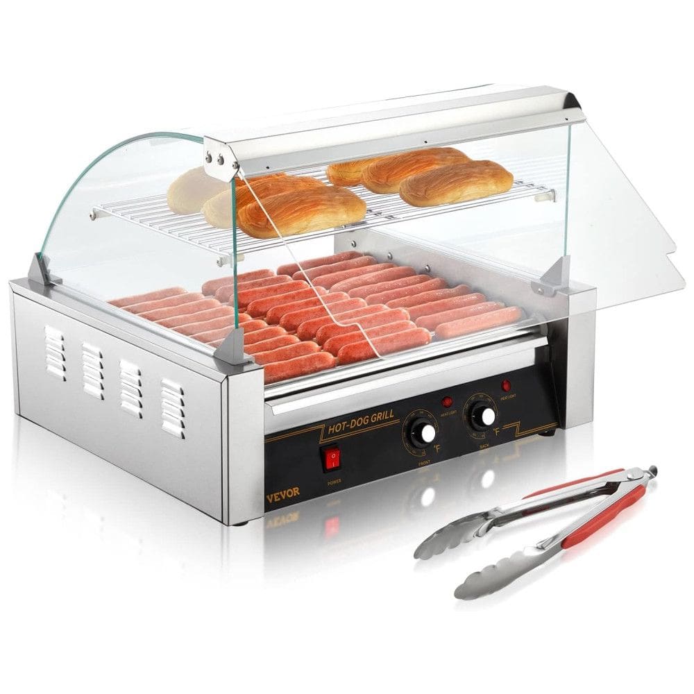 Máquina para Cachorro Quente 11 Rolos até 30 Salsichas com Controle de Temperatura Duplo, Capa de Vidro e Bandeja de Gotejamento Removível,