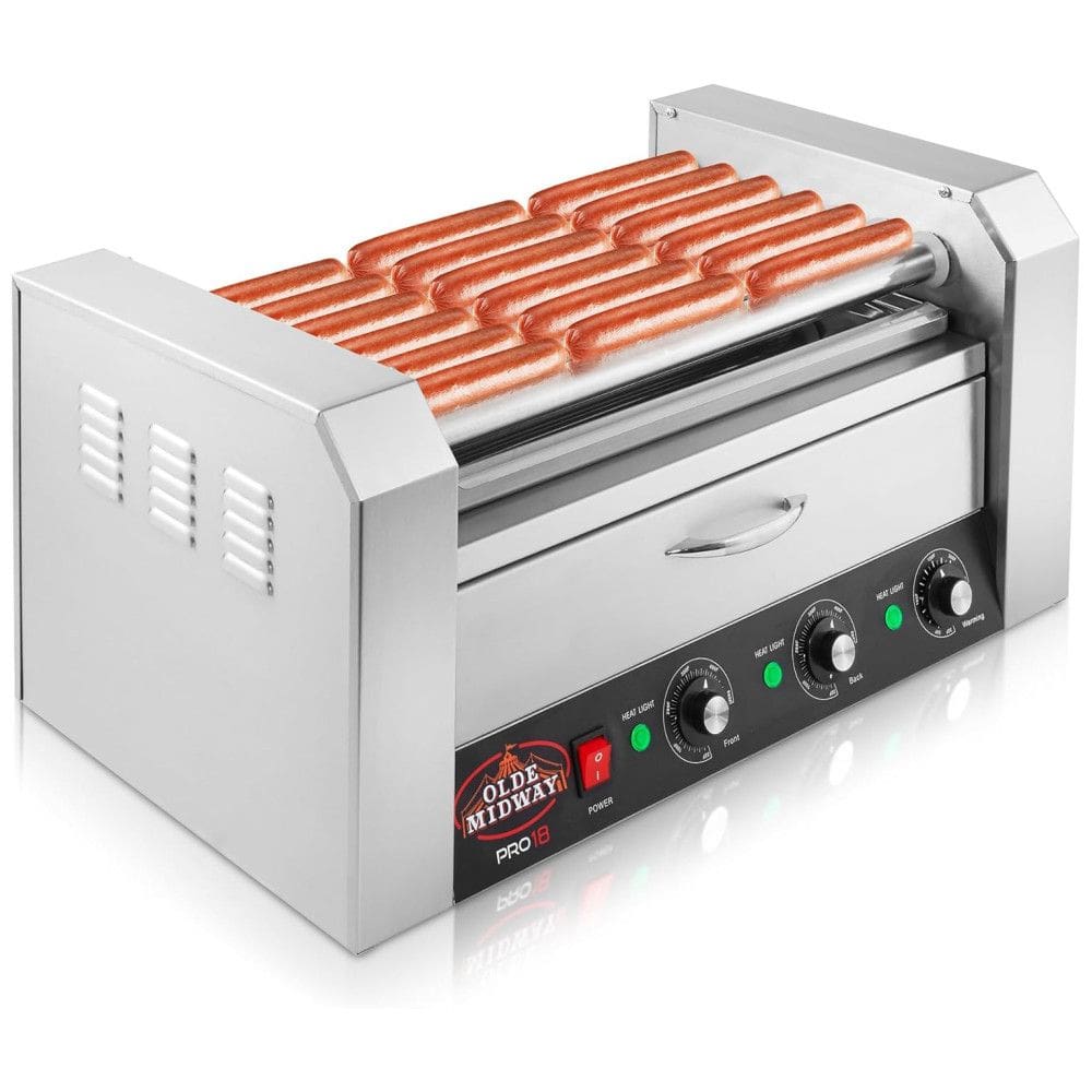 Máquina para Cachorro Quente 7 Rolos até 18 Salsichas com Gaveta de Aquecimento, 110V 1100W, OLDE MIDWAY, Prata