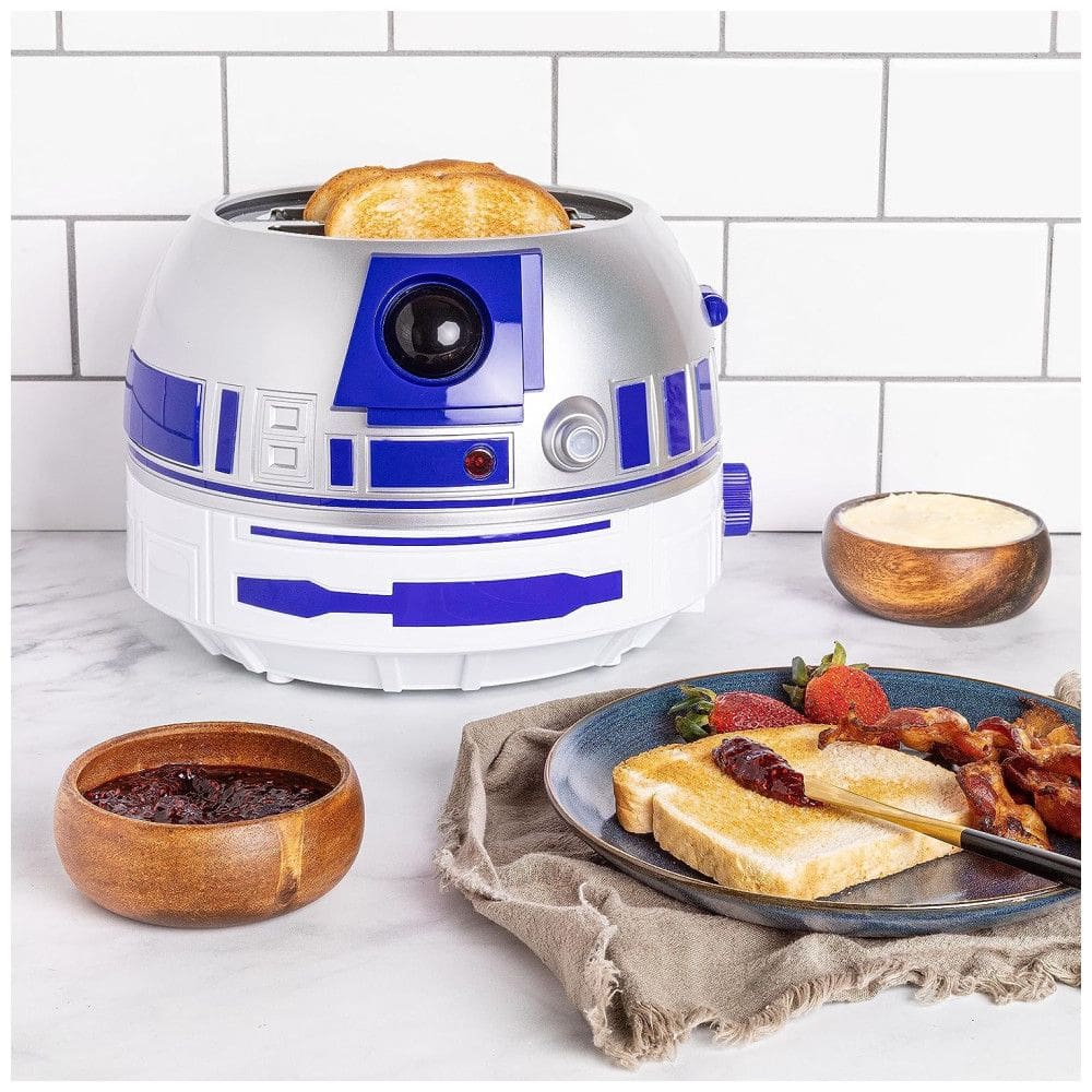 Torradeira 2 Fatias com Tema Star Wars Artoo, Acende Luz e Faz Sons, 110V 900W, Uncanny Brands, Prata e Azul