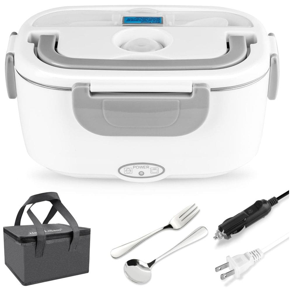Marmita Elétrica Portátil 2 em 1, 1,5L com Bolsa para Transporte, Colher e Garfo, 12V ou 110V, HengLiSam, Cinza