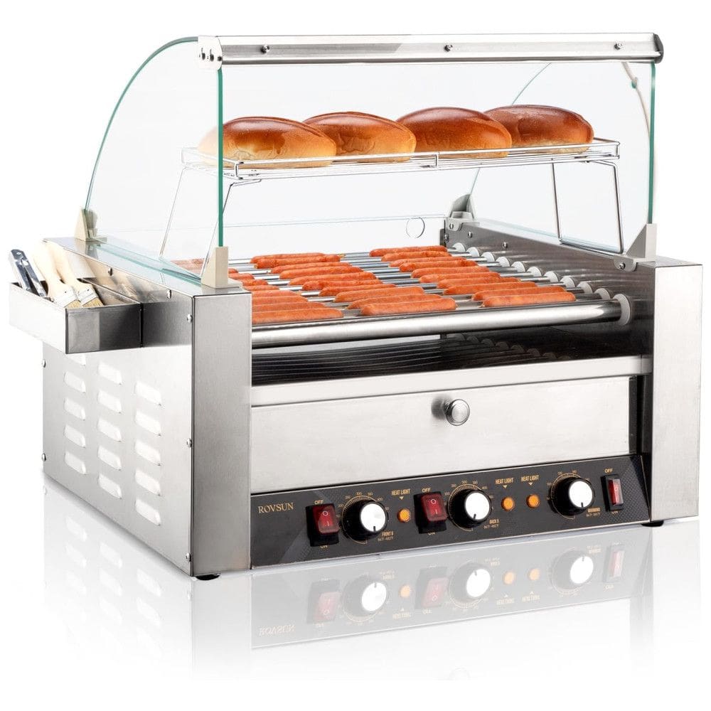 Máquina para Cachorro Quente 11 Rolos até 30 Salsichas com Luz LED, Controle de Temperatura Duplo e Aquecedor de Pão, 110V 2000W, ROVSUN,