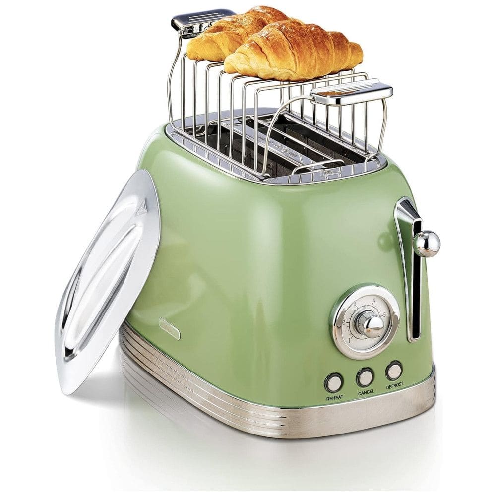 Torradeira 2 Fatias Vintage com Tampa de Aço Inoxidável, Acessório para Pão, 6 Níveis de Tostagem e Funções de Pré-aquecimento, 110V 815W,