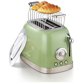 Torradeira 2 Fatias Vintage com Tampa de Aço Inoxidável, Acessório para Pão, 6 Níveis de Tostagem e Funções de Pré-aquecimento, 110V 815W,