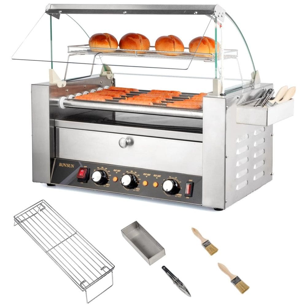 Máquina de Cachorro Quente até 18 Salsichas com Aquecedor de Pão, Tampa, Controle de Temperatura Dupla, Luz LED, Prateleira Removível e