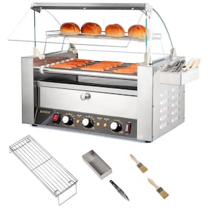 Máquina de Cachorro Quente até 18 Salsichas com Aquecedor de Pão, Tampa, Controle de Temperatura Dupla, Luz LED, Prateleira Removível e