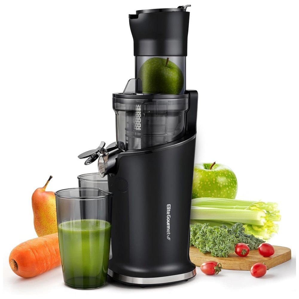 Centrifuga de Frutas de Prensa Fria com Calha de Alimentação Para Até 3 Frutas Inteiras e Copo de 800mL, 110V 150W, Elite Gourmet, Preta