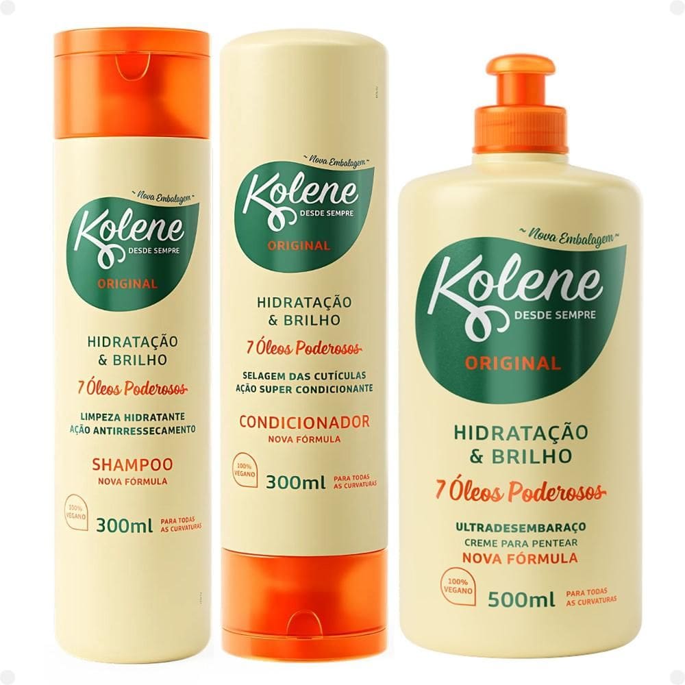 Kit Kolene Hidratação e Brilho: Shampoo, Condicionador 300ml e Creme para Pentear 500ml