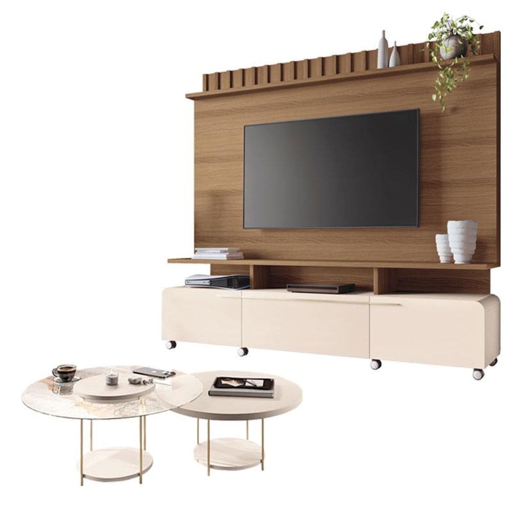Estante Home Theater Artís Off White Castanho e Kit Mesa de centro Sky Off White – HB Móveis