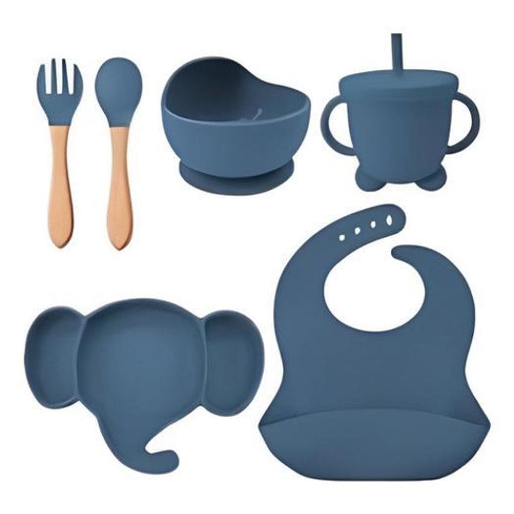 Kit Alimentação Bebê Silicone Prato Copo Pote - Azul-Escuro