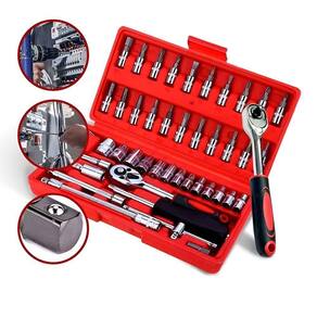 Kit Chaves Soquete Catraca Reversível 46 Peças Multiuso Profissional Maleta Chaves E Bits Aço Cor:vermelho