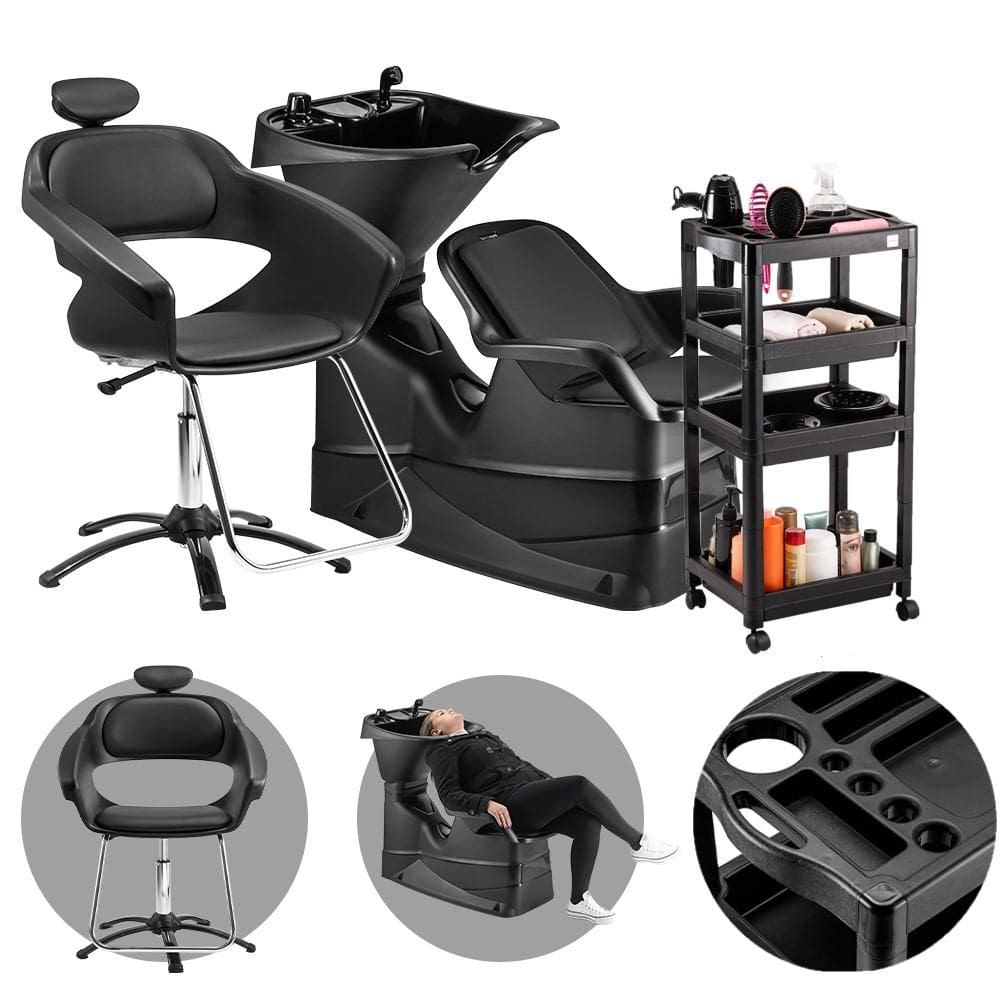 Kit Salão de Beleza Lavatório Reclinável Champ + Cadeira Primma + Carrinho Auxiliar Junior - Dompel