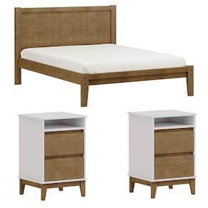 Cama Queen Madeira Maciça 02 Mesas de Cabeceira Off White Freijo Milani Store