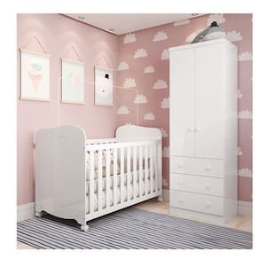 Quarto de Bebê com Guarda Roupa 2 Portas e Berço Teka 100% Mdf Espresso Móveis Branco Brilho