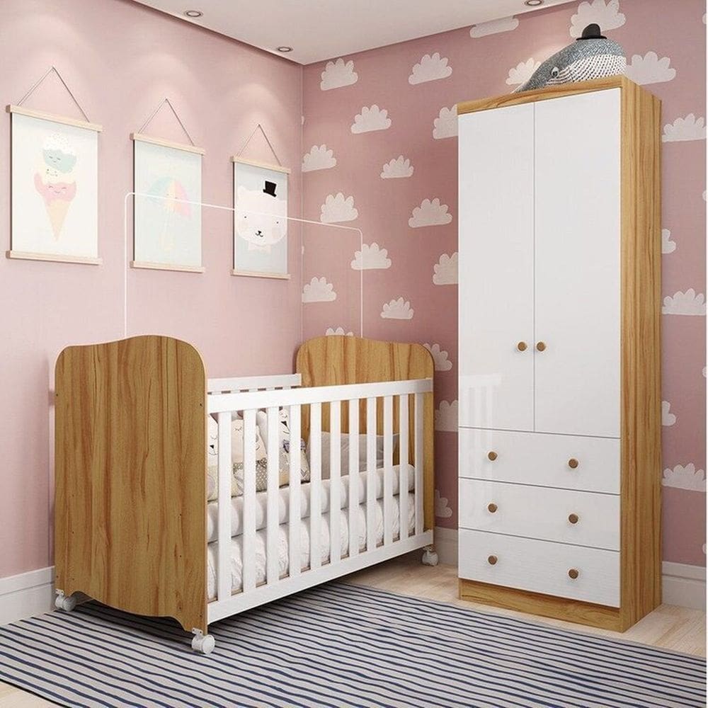 Quarto de Bebê com Guarda Roupa 2 Portas e Berço Teka 100% Mdf Espresso Móveis Branco Brilho/Amêndoa