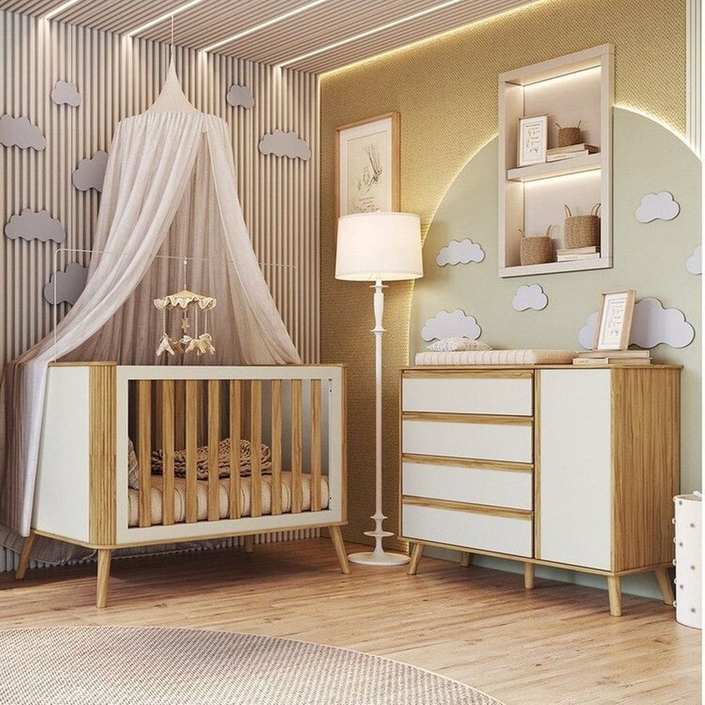 Quarto de Bebê com Cômoda 4 Gavetas e Berço Minicama Luly 100% Mdf Espresso Móveis Branco Brilho/Amêndoa