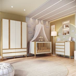 Quarto de Bebê Completo Guarda Roupa 4 Portas Cômoda e Berço Minicama Luly 100% Mdf Espresso Móveis Branco Brilho/Amêndoa
