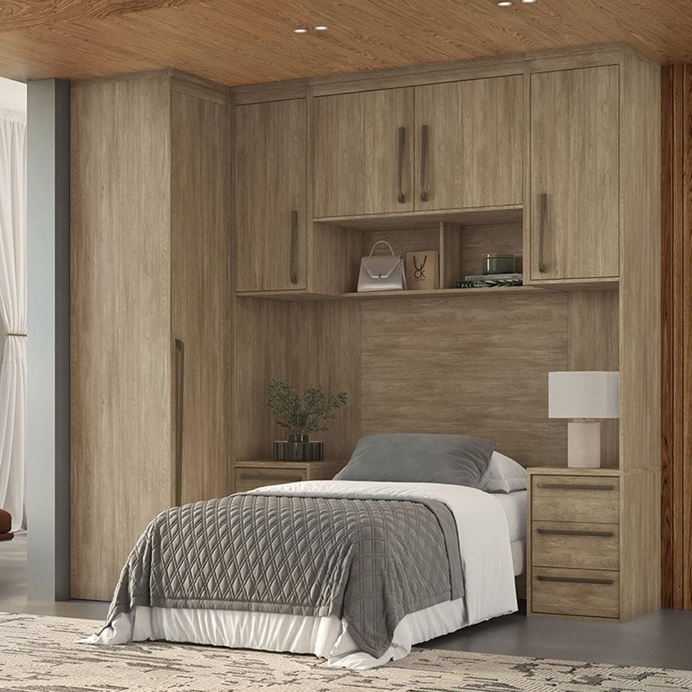 Quarto Modulado Solteiro Mdf 4 Peças Lotus Carvalho