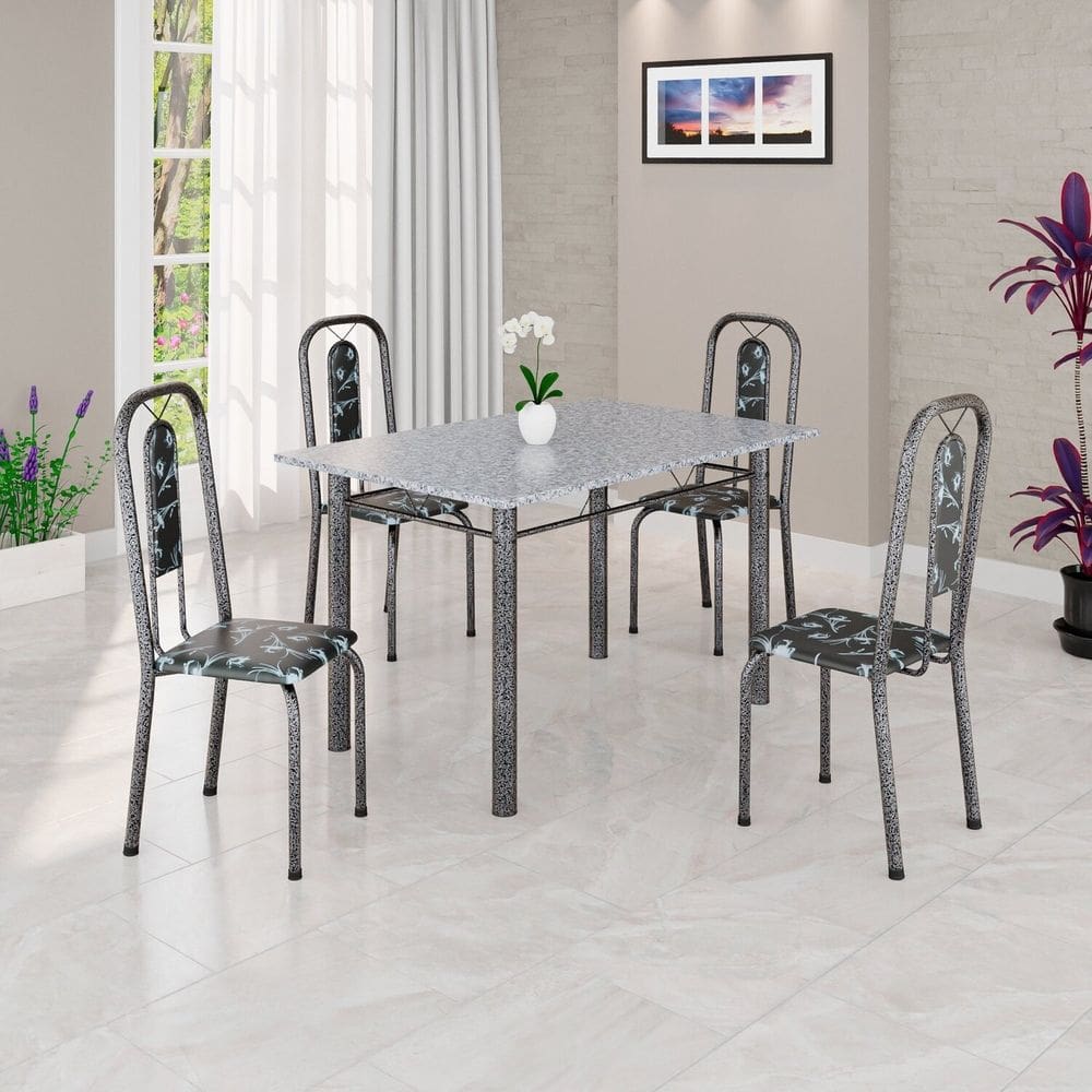 Conjunto de Mesa Tubular 120cm X 75cm Tampo Granito Ocre com 4 Cadeiras Lívia Preto/Prata
