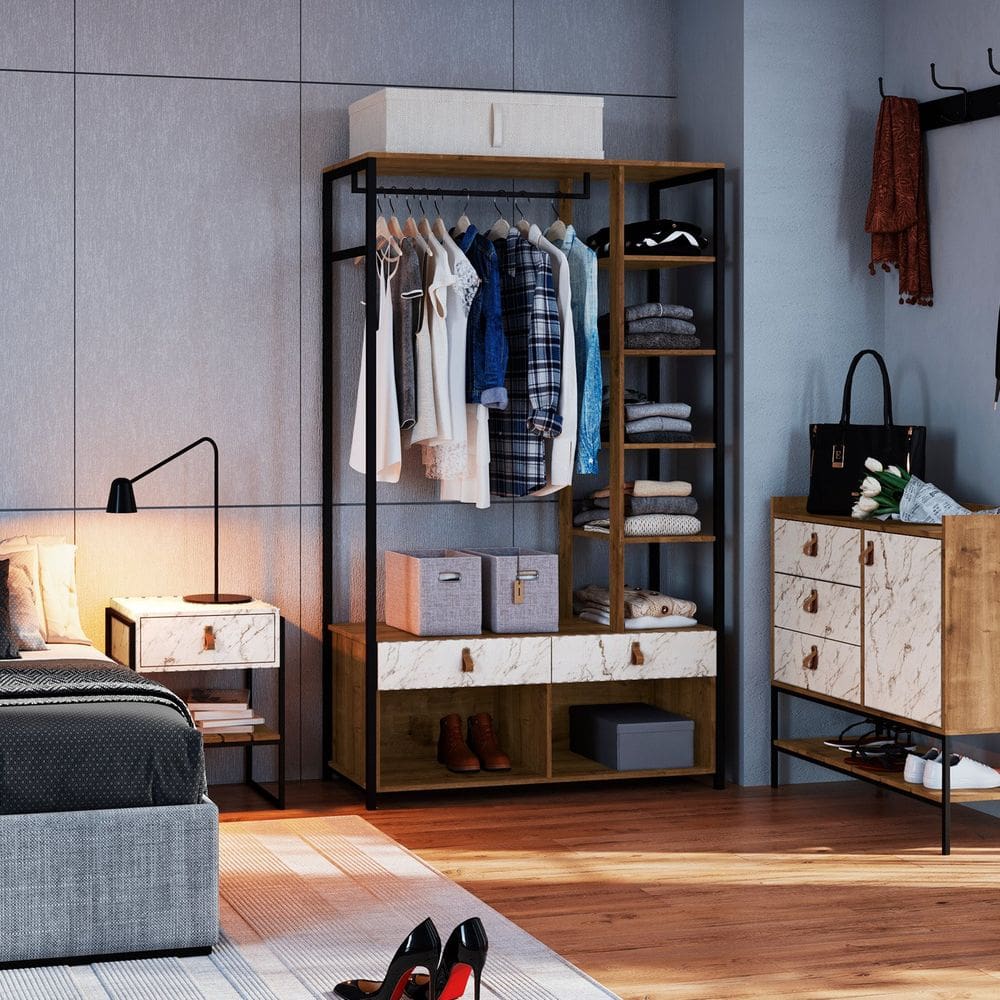 Mini Closet com Duas Gavetas e Corrediça Tescópica, Prateleiras, Pe com Regulagem WoodMel / Volakas