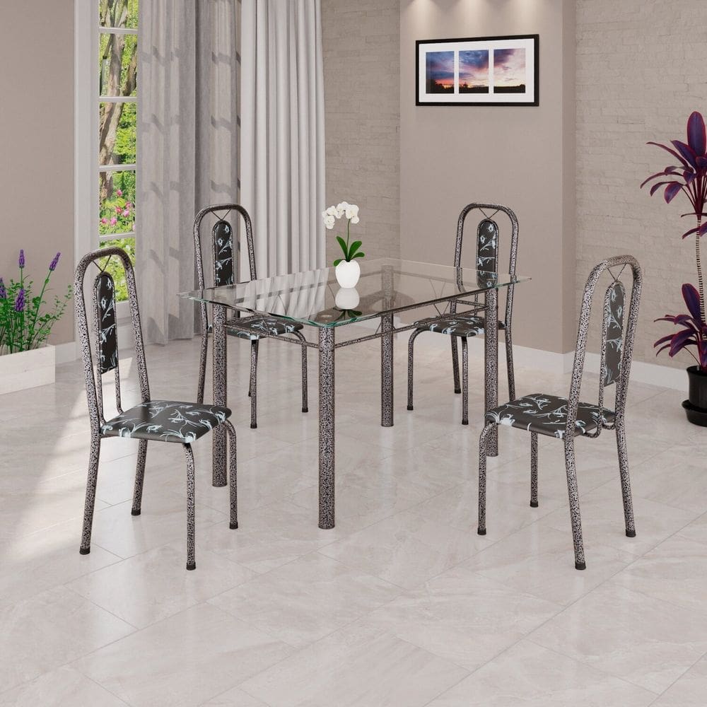 Conjunto de Mesa Tubular 120x75cm Tampo Vidro com 4 Cadeiras Lívia Preto/Prata