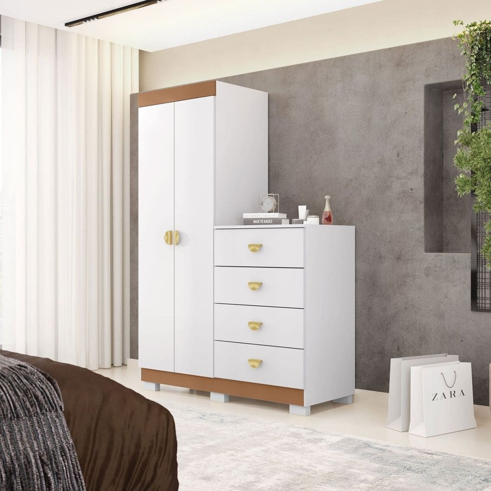 Cômoda Guarda-roupa Cristal 2 Portas 4 Gavetas branco/camarim