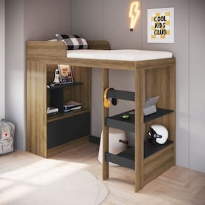 Cama Alta Multifuncional Solteiro com Estante e Escrivaninha 80 Amsterdam Mel