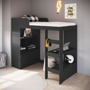 Cama Alta Multifuncional Solteiro com Estante e Escrivaninha 80 Amsterdam Grafite