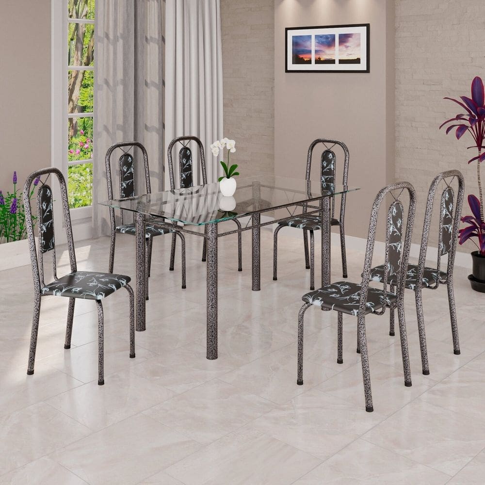 Conjunto de Mesa Tubular 140cm X 75cm Tampo Vidro Incolor com 6 Cadeiras Lívia Preto/ Prata