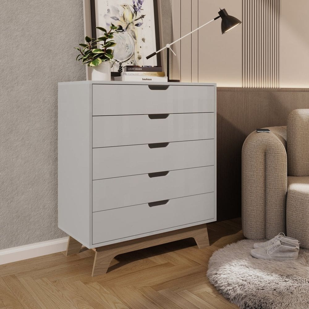 Cômoda Alice 5 Gavetas em 100% Mdf 95x81x40 Cm Branco/Louro Freijó Grann