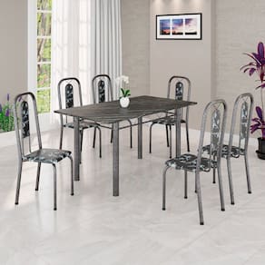 Conjunto de Mesa Tubular 140cm X 75cm Tampo Ardósia Indiano com 6 Cadeiras Lívia Preto/Prata