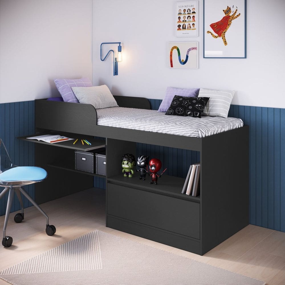 Cama Alta Multifuncional Solteiro com Estação de Trabalho 80 Jacarta Grafite