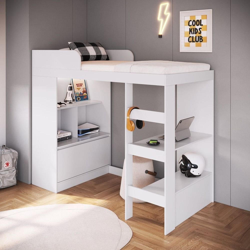 Cama Alta Multifuncional Solteiro com Estante e Escrivaninha 80 Amsterdam Branco