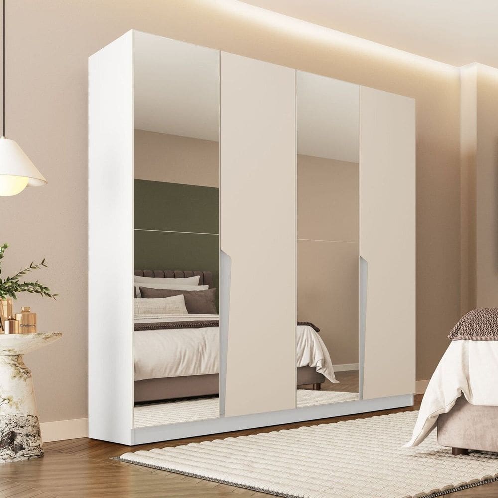 Guarda Roupa Casal 4 Portas 4 Gavetas com Espelho Porto Branco/Creme