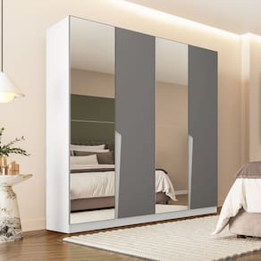Guarda-roupa Casal 4 Portas 4 Gavetas com Espelho Porto Branco/Cinza