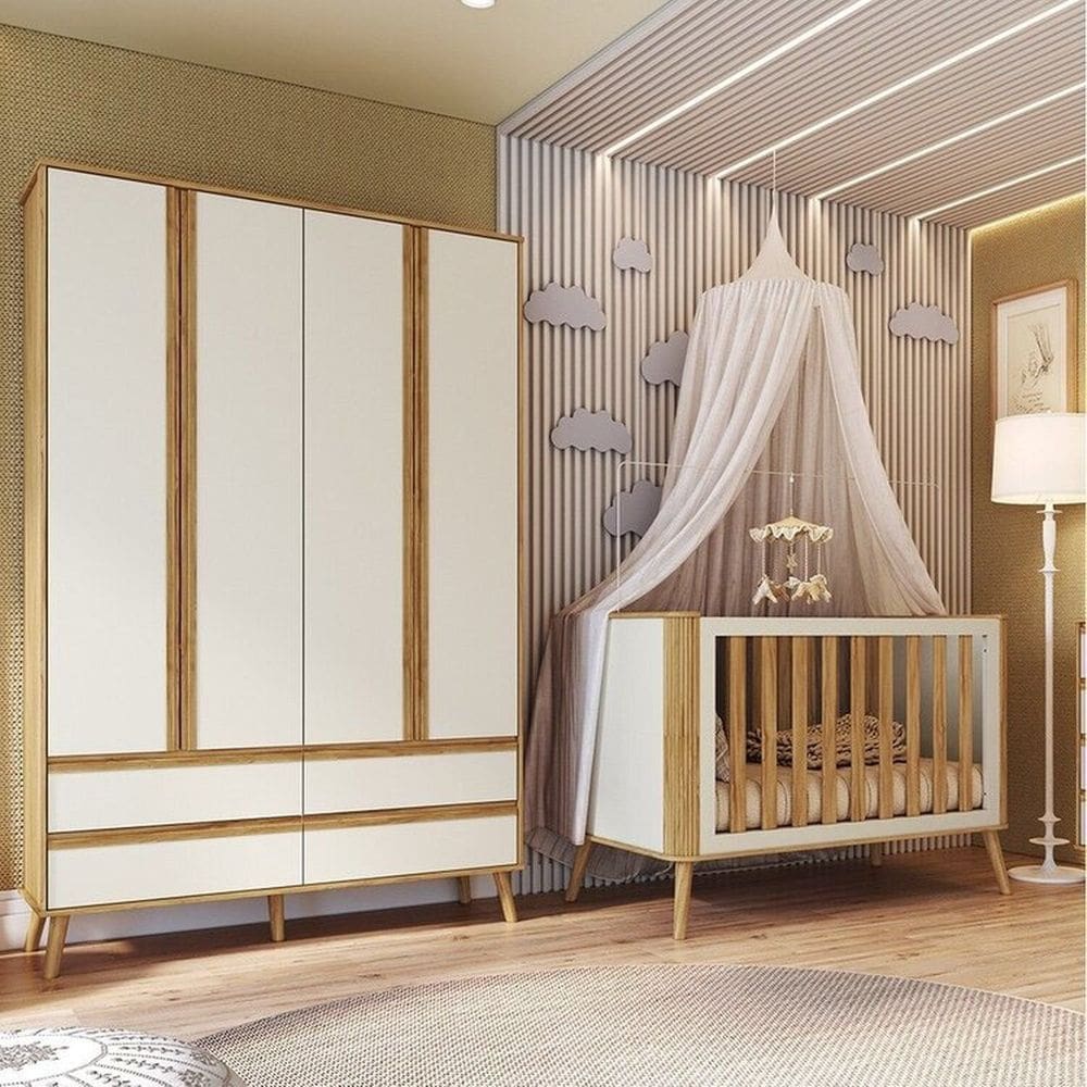 Quarto de Bebê com Guarda Roupa 4 Portas e Berço Minicama Luly 100% Mdf Espresso Móveis Branco Brilho/Amêndoa