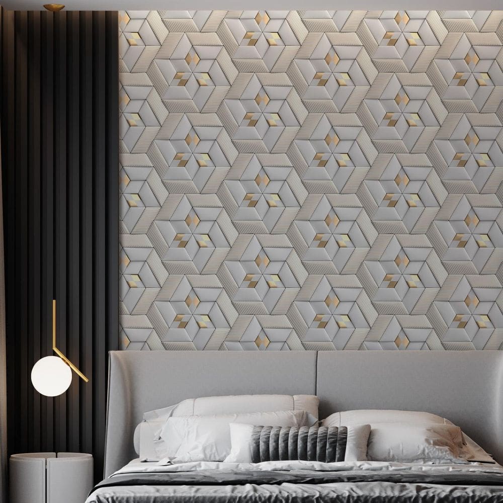 Papel De Parede Adesivo Geométrico 3D Dourado - 3,0M