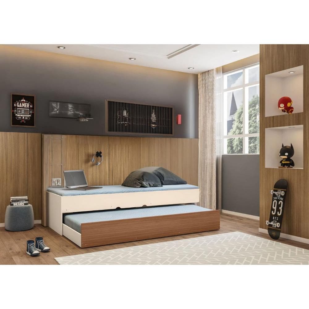 Bicama Chiara Cama com Auxiliar Solteiro Off White Amadeirado - Phoenix Baby
