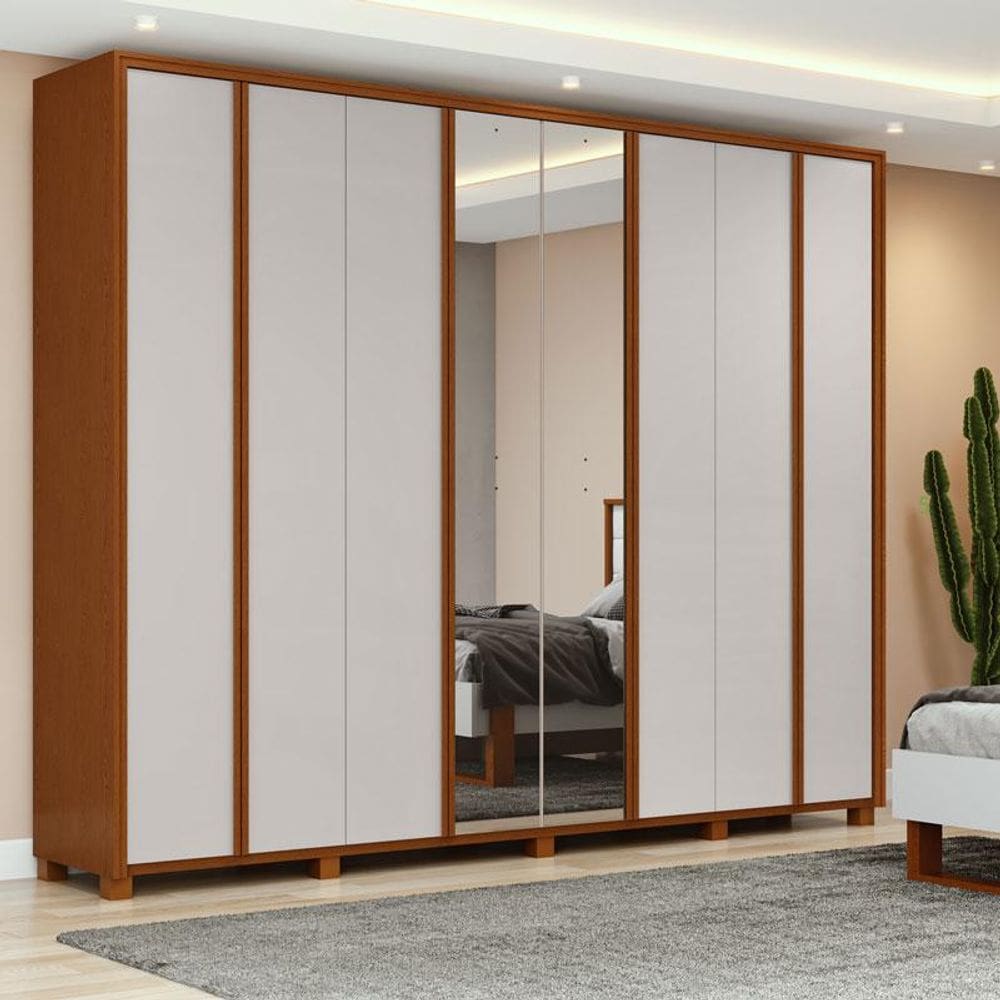 Guarda Roupa Casal Ambiente Ergon 8 Portas Frassino Off White com Espelho e Pés - Lopas
