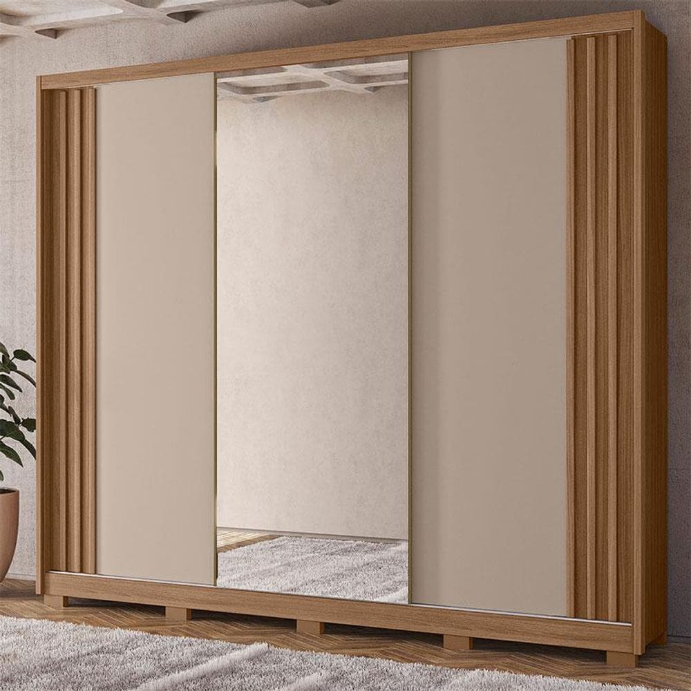 Guarda Roupa Casal Ambiente Arizona 3 Portas Carvalho Fendi com Espelho - Moval