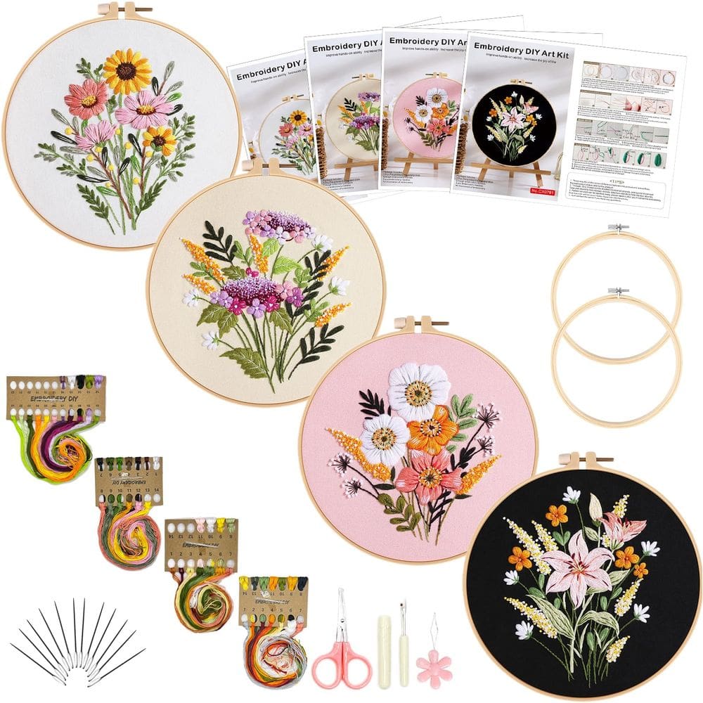 Kit de bordado Picoey Flower Embroidery para iniciantes, pacote com 4
