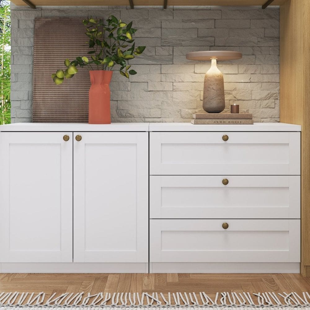 Kit Cômodas 3 Gavetas e Armário 2 Portas Provençais 100% Mdf Branco Fosco