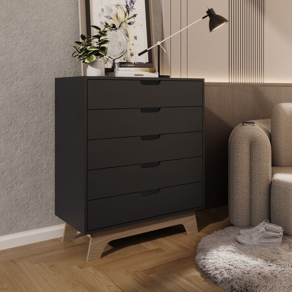 Cômoda Alice 5 Gavetas em 100% Mdf 95x81x40 Cm Preto/Louro Freijó Grann