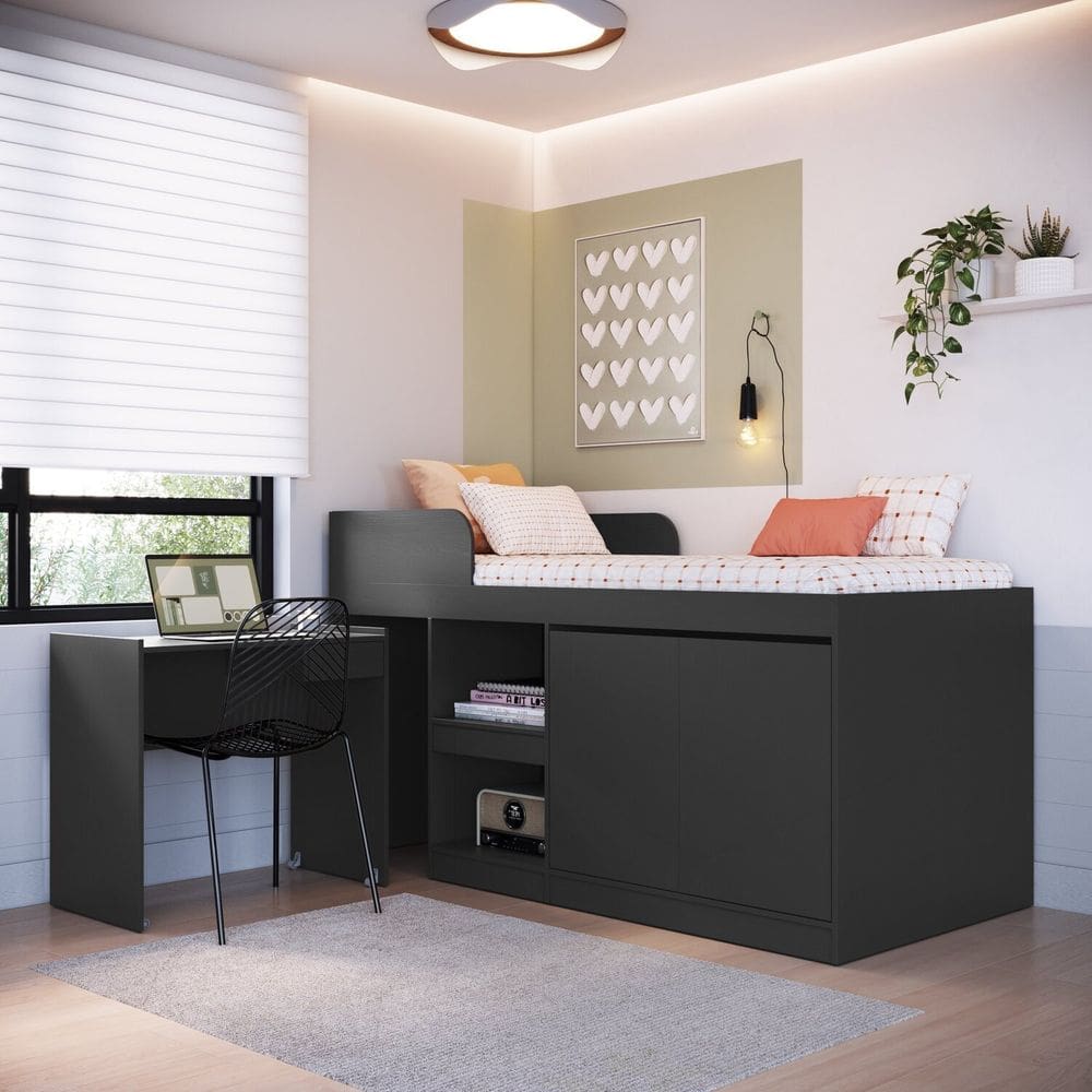 Cama Alta Multifuncional Solteiro com Estação de Trabalho 80 Jacarta Grafite