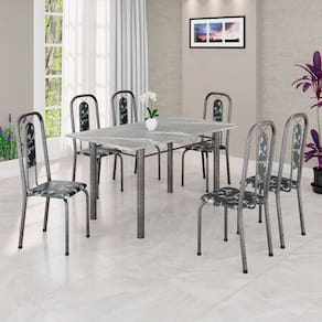 Conjunto de Mesa Tubular 140cm X 75cm Tampo Granito Topázio com 6 Cadeiras Lívia Preto/Prata