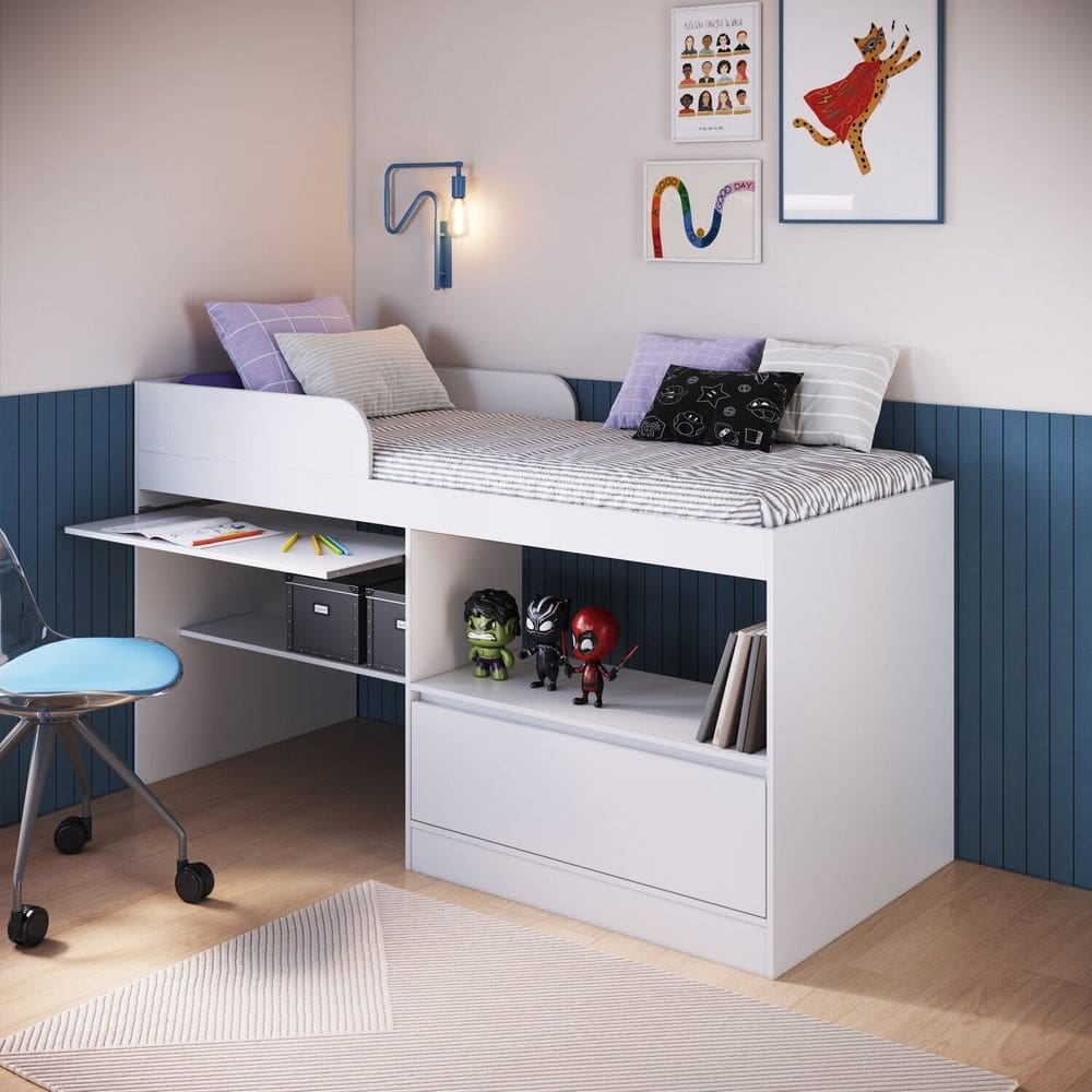 Cama Alta Multifuncional Solteiro com Estação de Trabalho 80 Jacarta Branco