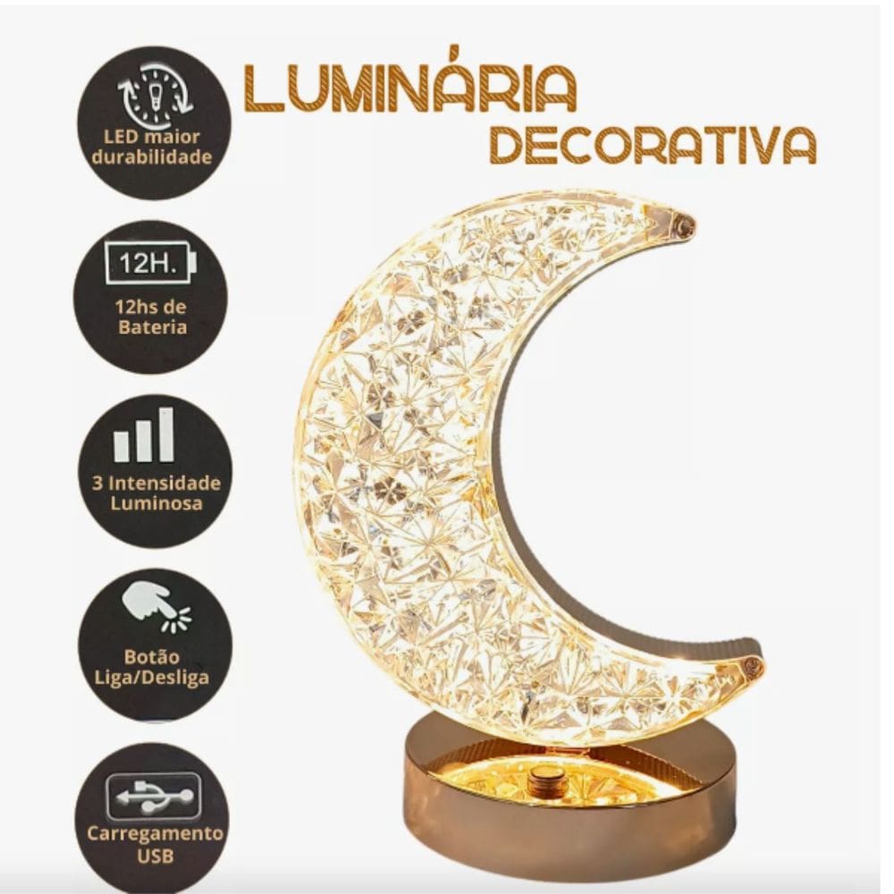 Luminária Mesa Abajur Cristal Lua Recarregável Projetor Led 3 Cores Touch