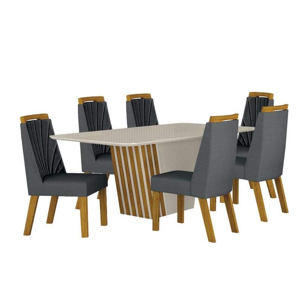 Mesa de Jantar Liz 180x90 Off White Freijó Off com 6 Cadeiras Freijó Joli Chumbo - Leifer Móveis